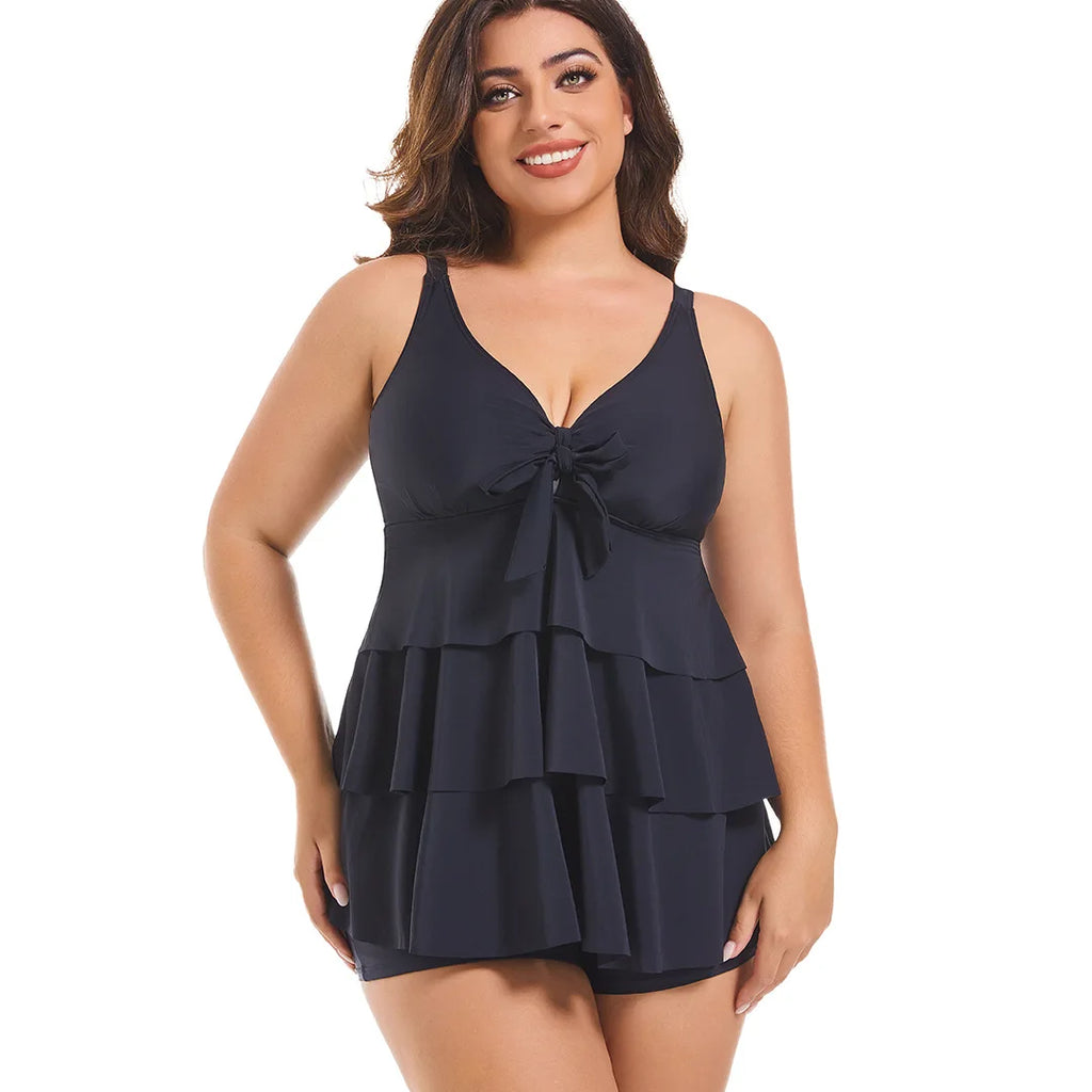 Women's Two Pieces Set Plus Size Tankini Swimsuits Ruffle Swim Tops And High Waist Shorts Bathing Suits Solid Swimwear