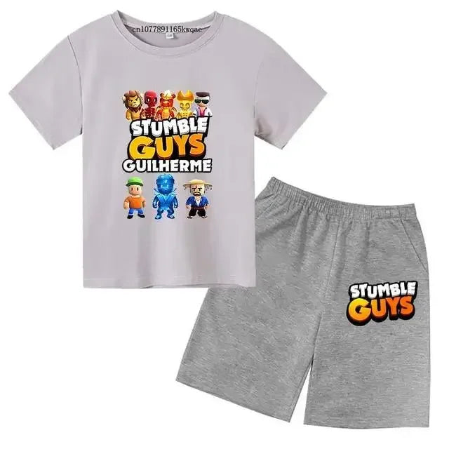 Summer 2pcs Guys Short Sleeve T-shirts+Pants Suits 3-13 Years Boys Girls Outfits Children  Kids Funny Game Print Stumble Clothes