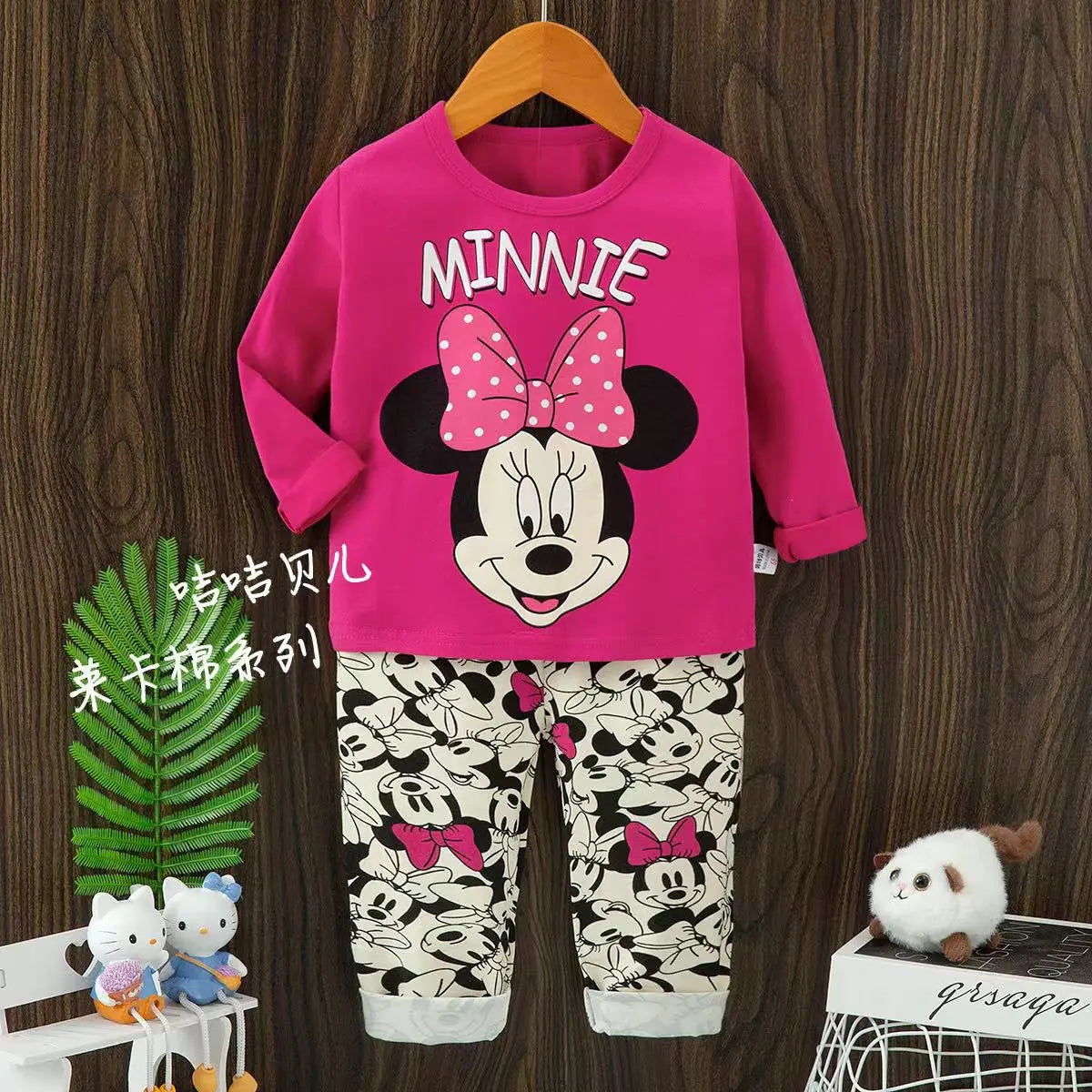 1-3year Spring Children's red Minnie Cotton Long Sleeve Top And Pants Set Cartoon Printed Girls Clothing Suit for Kids