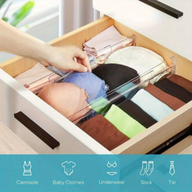 1pc drawer divider, adjustable length, transparent plastic for clothing, kitchen utensils, and office storage and organization