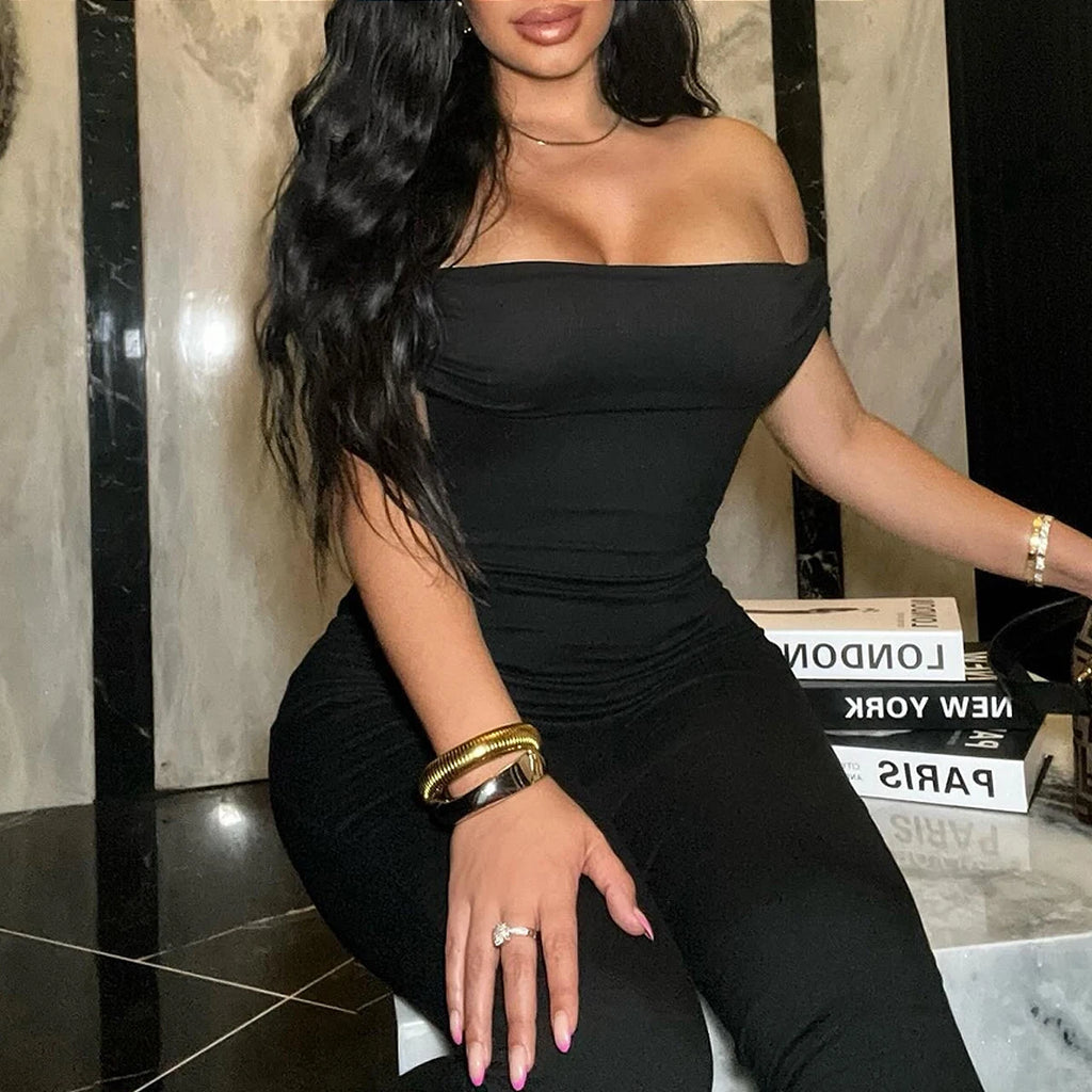 Women's sexy slim fit strapless backless tight solid color sports pants jumpsuit