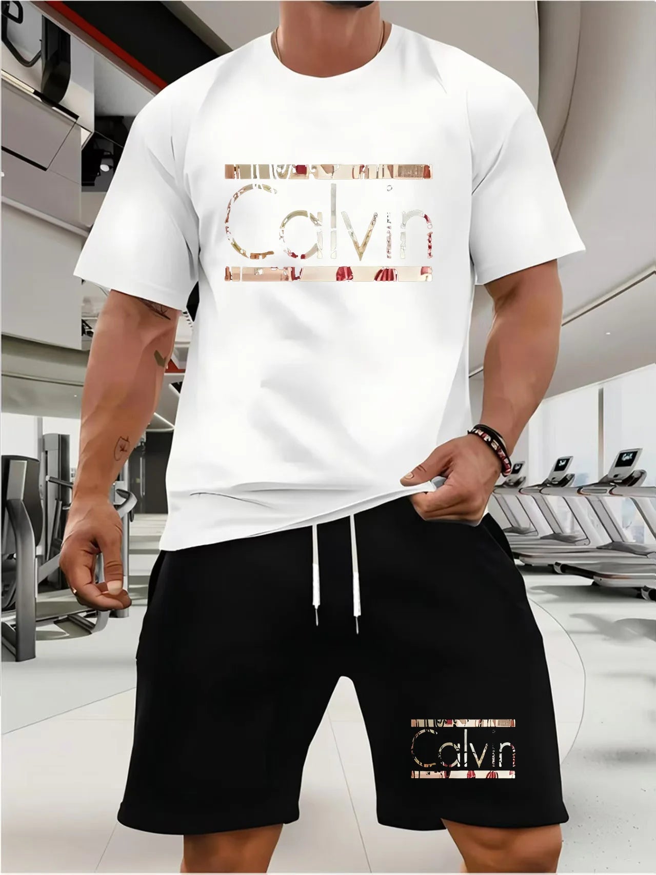 calvin  Men's new fashion summer sports printing crew-neck Mesh surface T-shirt shorts short-sleeved suit Loose two-piece set