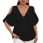 2025 Summer Women's T Shirt Elegant Wave V-Neck Off-Shoulder Short-Sleeved Fashion Tops Casual Solid Color Plus Size Female Tops
