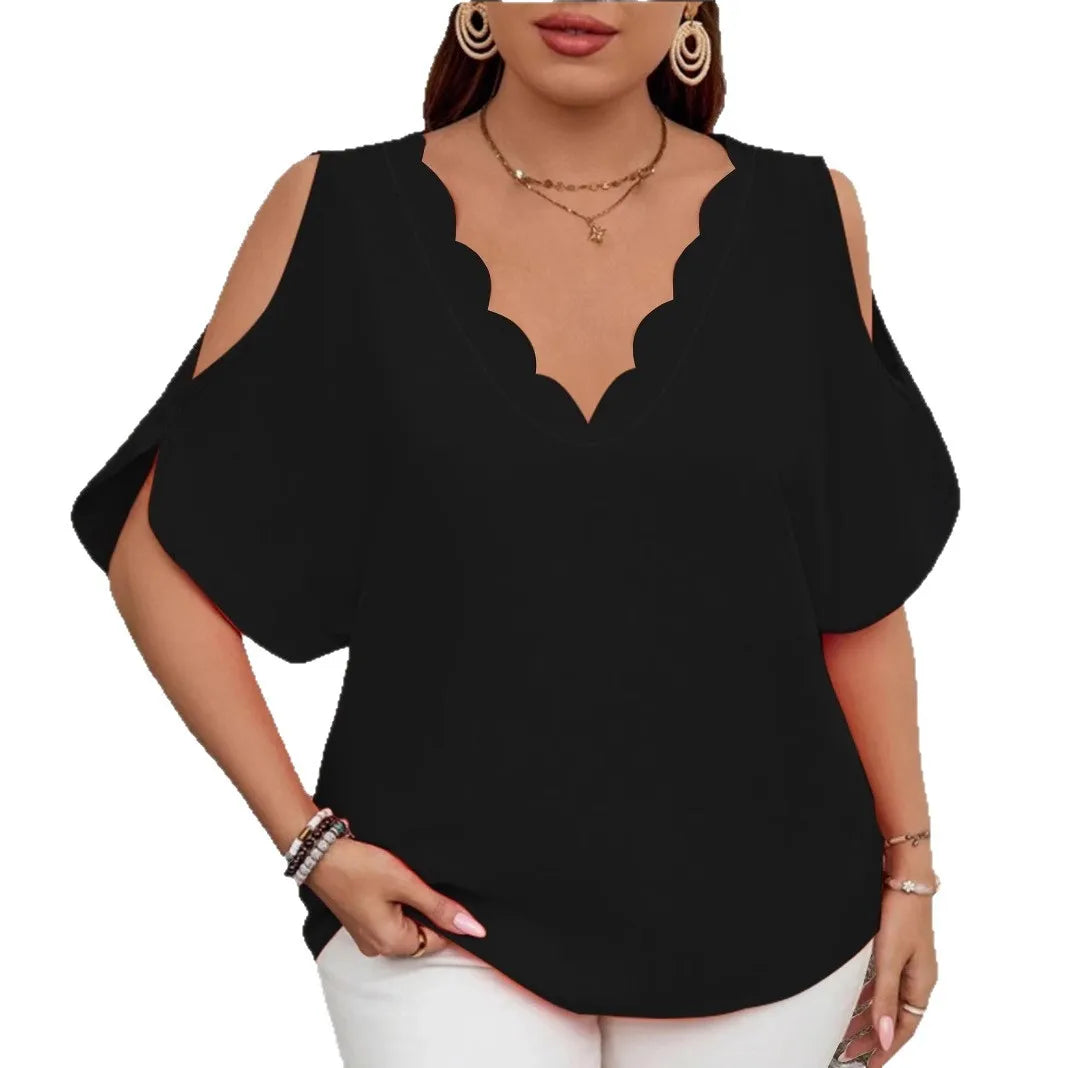 2025 Summer Women's T Shirt Elegant Wave V-Neck Off-Shoulder Short-Sleeved Fashion Tops Casual Solid Color Plus Size Female Tops
