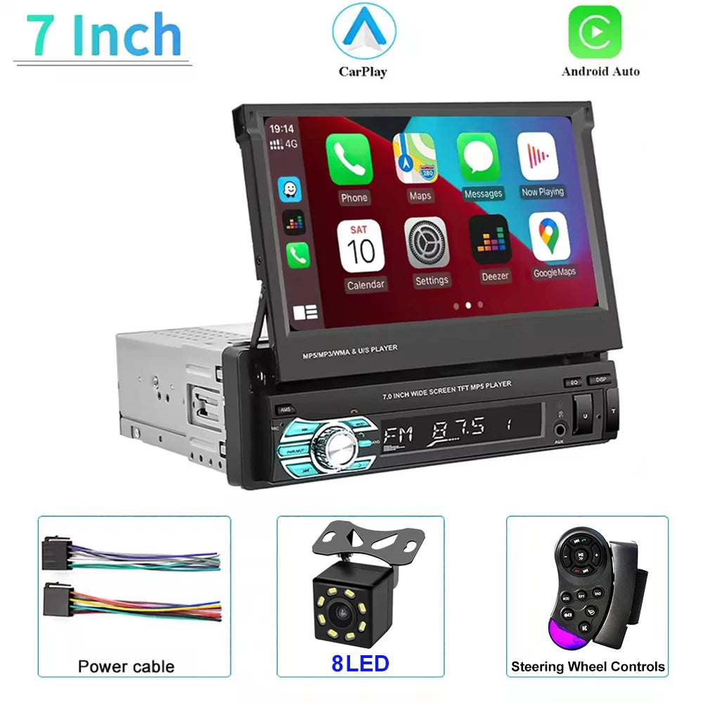 1 Din MP5 Player 7 Inch Carplay Android Auto Universal  Manual Automatic Retractable Touch Screen Car Player FM Radio