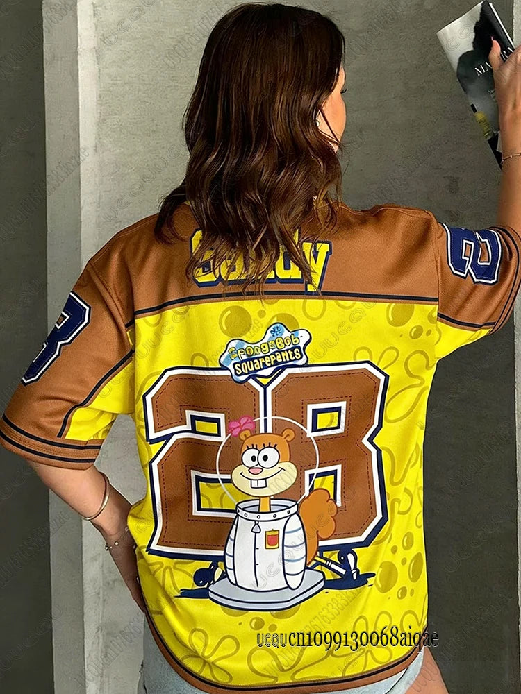 Cartoon SpongeBob Print T-shirts For Women Summer V-Neck Patchwork Short Sleeve Sports Football Jersey Y2K Loose Oversized Tops