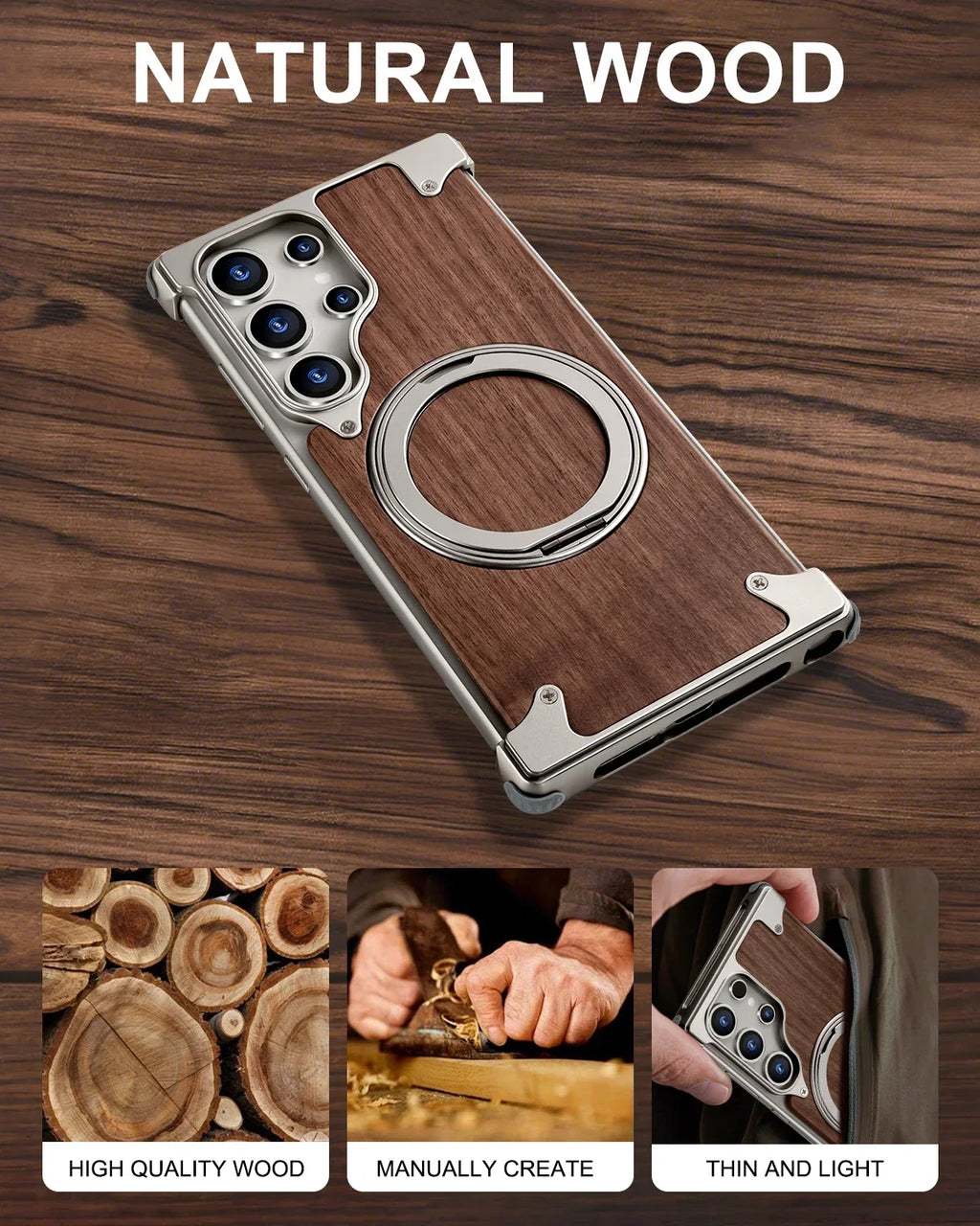 Eary Solid Wood Phone Case for Samsung Galaxy S25 S24 Ultra for Magsafe 360° Rotation Kickstand Frameless Protective Shells