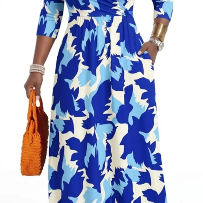 Plus Size Women's Pullover Sexy V Neck  3/4 Sleeve  Loose Long for Women Fashion Printed Summer  Casual Maxi Dresses With Pocket