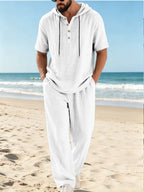 mens cotton linen 2 piece set hooded short sleeve henley shirt drawstring long pants breathable casual beach summer outfit