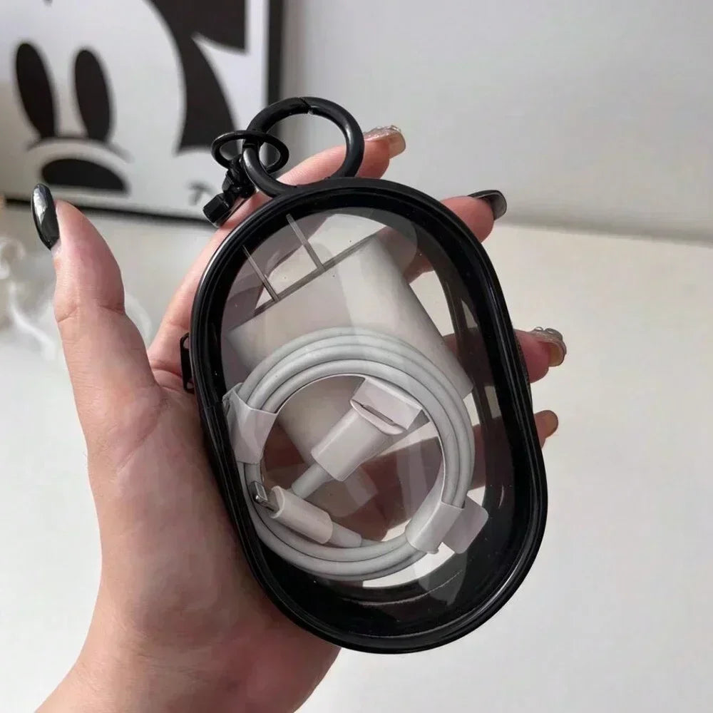 Portable Mini Transparent Storage Bag with Zipper Multifunctional Headphone and Charger Case Travel Accessories with Keychain