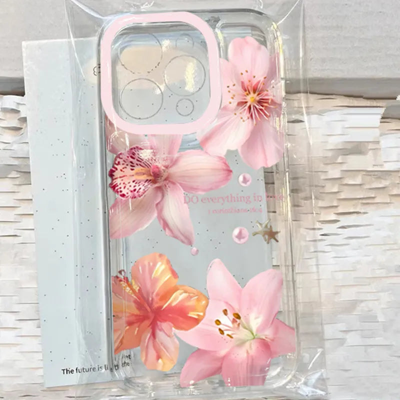 Pink Lily Flower Pattern Phone Case For iPhone 16 17 16e 15 14 13 12 11 Pro Max X XR XSMax 7 8 Plus SE2 Transparent Soft Cover