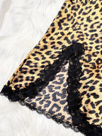 Women's Silk V-Neck Lace Trim Leopard Print Nightdress Slit Camisole Sensual Loungewear Lightweight All-Season