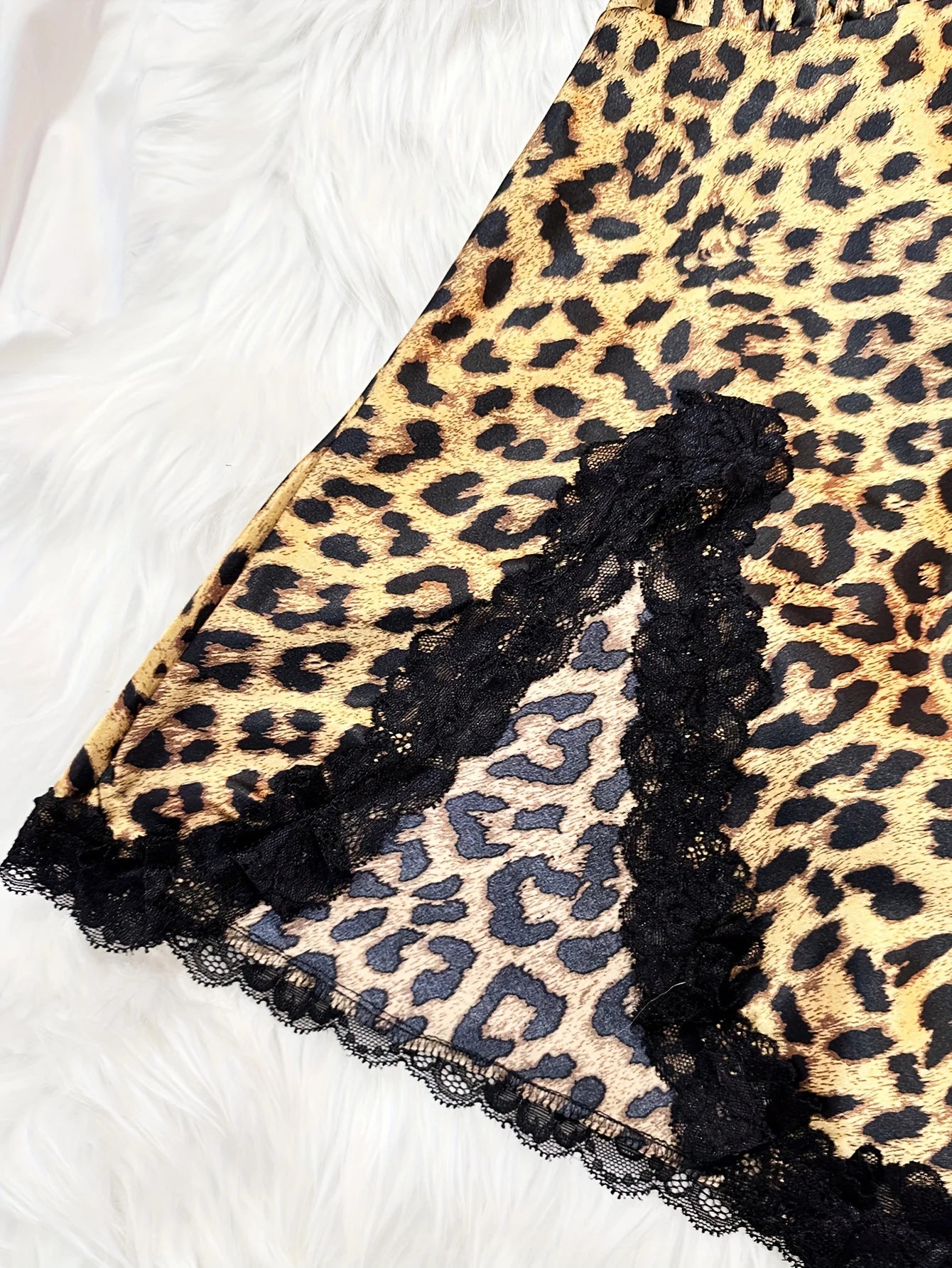 Women's Silk V-Neck Lace Trim Leopard Print Nightdress Slit Camisole Sensual Loungewear Lightweight All-Season
