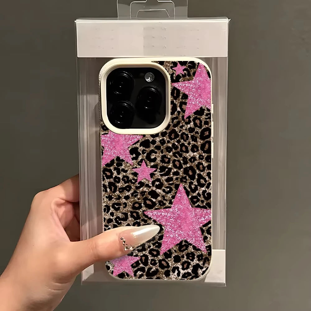 Retro Leopard Print Pink Star Phone Case For iPhone 17 Pro Max 16 Plus 15 Pro 14 13 12 11 XR XS 17Air Lychee Textur Soft Cover