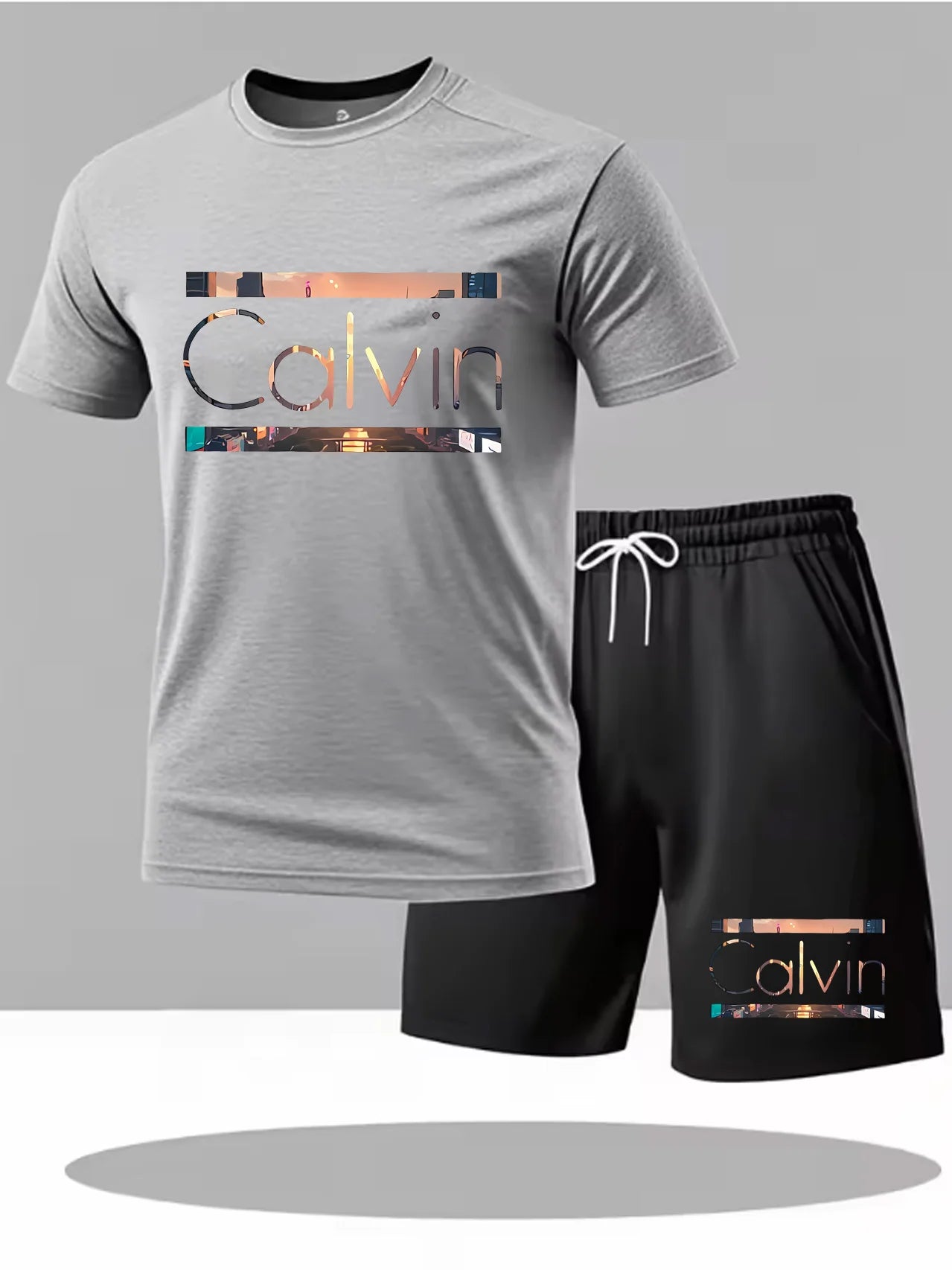 calvin  Men's new fashion summer sports printing crew-neck Mesh surface T-shirt shorts short-sleeved suit Loose two-piece set