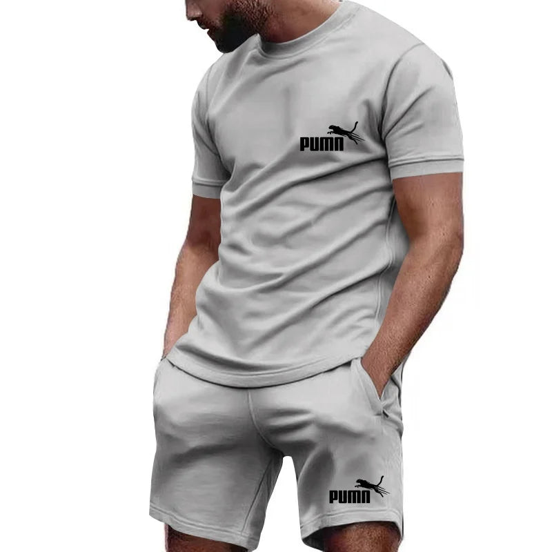 2026 new summer men's T-shirt+shorts set printed fashionable casual round neck pullover breathable running sports shorts
