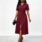 Women White Dress Elegant V-neck Mid-sleeve Bow Trim At Chest  A-line Solid Slit Hem Chic Banquet Resort Cocktail Party