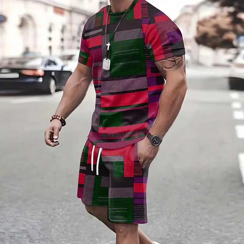 2024 Fashion Men's Sportswear Short Sleeve T Shirt And Sports Shorts Summer Casual Vintage Patchwork Suit Men's Two Piece Suit