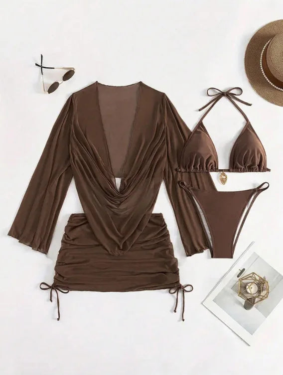 4pcs Sexy Solid Color Bikini Set With Sheer Cover-Up, Suitable For Vacation, Beach Party, Perfect For New Year And Valentine's