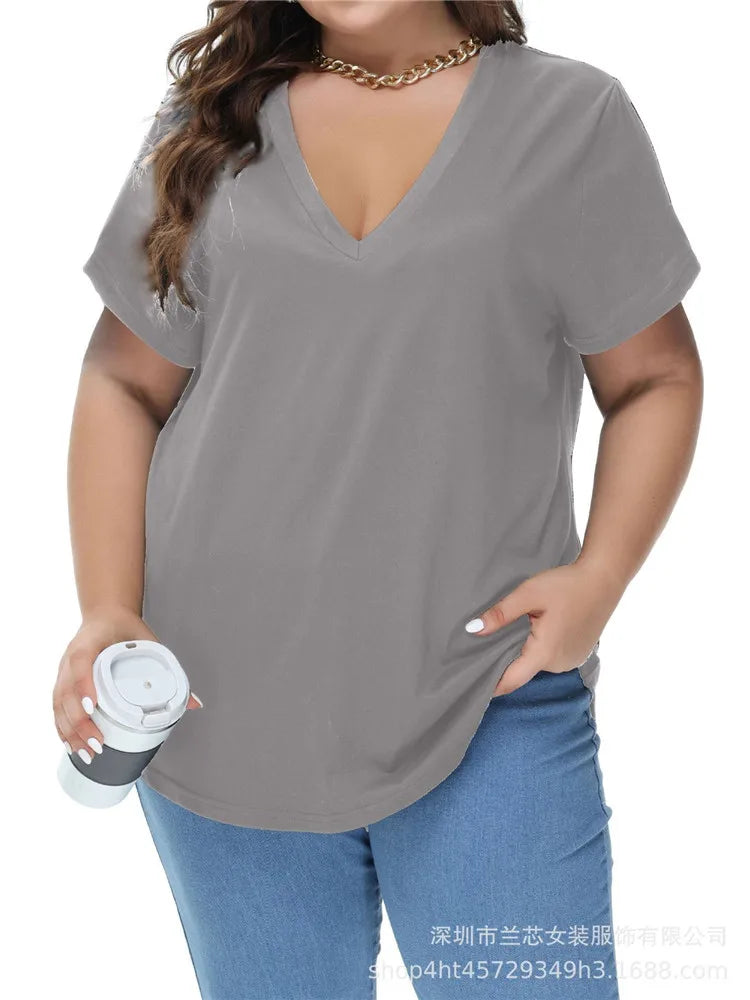 8XL Large Sizes Women T Shirt Summer Short Sleeve Loose Ladies Tees Shirt Casual V-Neck Pullover Black White Gray Tops Plus Size