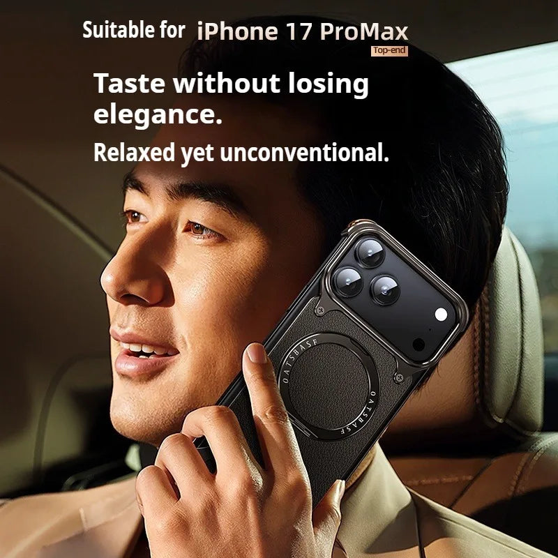 Eary for iPhone 17 Pro Max Air Phone Case Genuine Leather for Magsafe Frameless Shell 360°Rotate Magnetic Stand Anti-Drop Cover