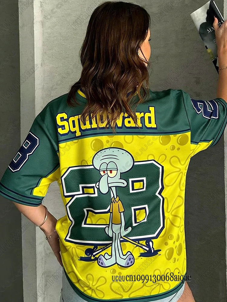 Cartoon SpongeBob Print T-shirts For Women Summer V-Neck Patchwork Short Sleeve Sports Football Jersey Y2K Loose Oversized Tops