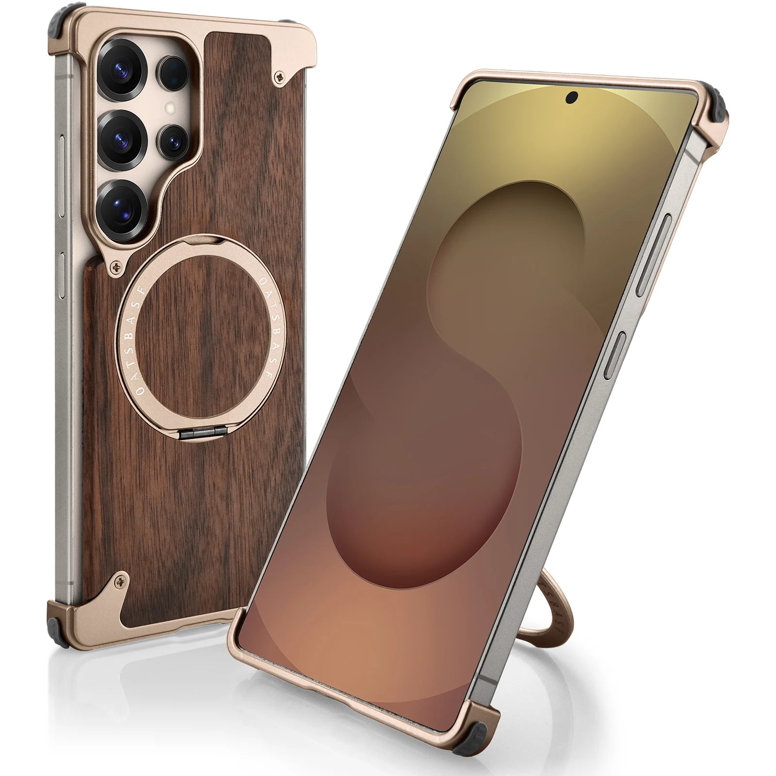 Eary Luxury Wood Frameless Case for Samsung Galaxy S25 S24 Ultra 360°Rotatable Magnetic Ring Stand Shockproof Bumper Phone Cover