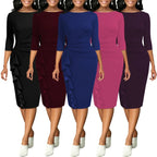 Womens Elegant Crew Neck 2/3 Sleeve Work Office Knee Length Ruffle Business Casual Party Ruched Pencil Bodycon Sheath Dress