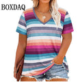 Summer Women Plus Size T Shirts Classic Black White Stripes V-Neck Short Sleeve Tunic Tops Loose Casual Women Tee Shirt 7XL 8XL