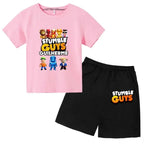 Summer 2pcs Guys Short Sleeve T-shirts+Pants Suits 3-13 Years Boys Girls Outfits Children  Kids Funny Game Print Stumble Clothes