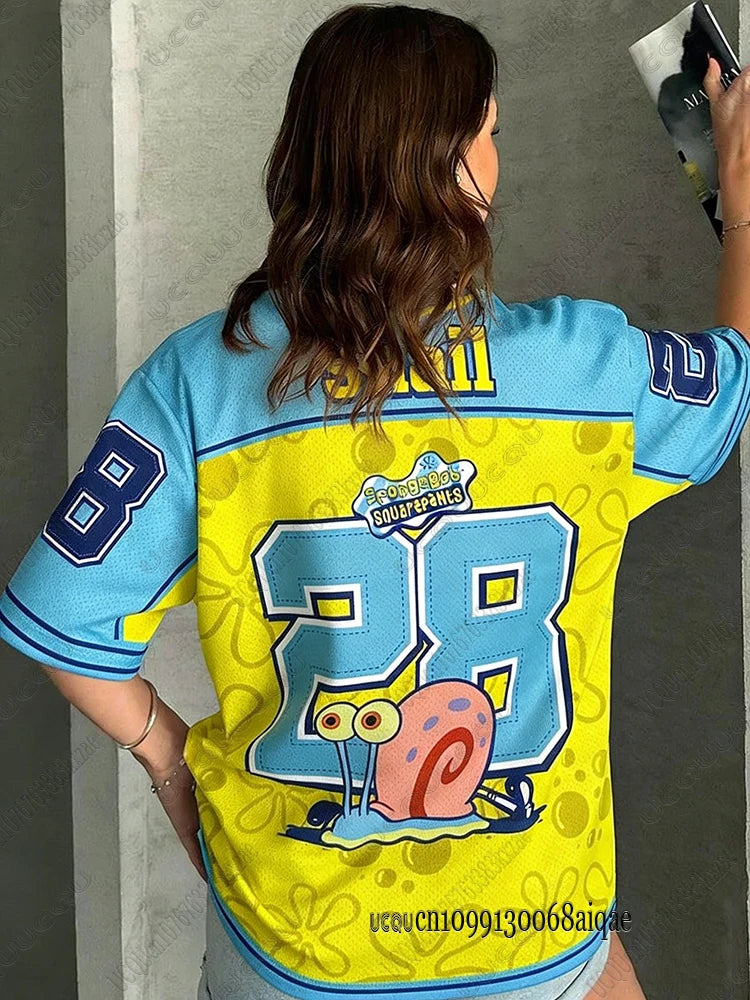 Cartoon SpongeBob Print T-shirts For Women Summer V-Neck Patchwork Short Sleeve Sports Football Jersey Y2K Loose Oversized Tops