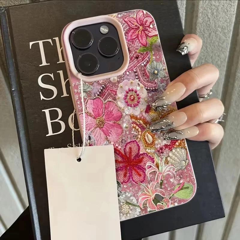 Floral And Beaded Patchwork Design Phone Case For iPhone 17 Pro Max 16 Plus 15 Pro 14 13 12 11 XR XS 17Air Soft Cover