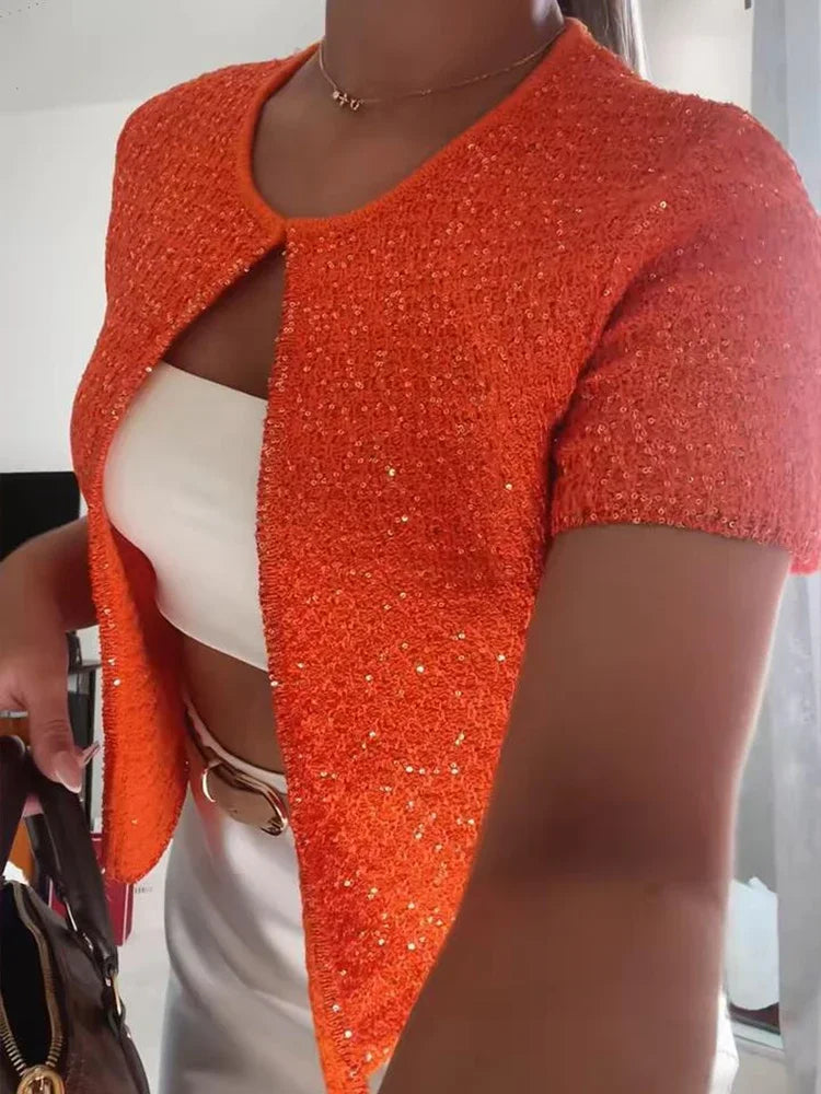 Sequin Knitted Women Top Coat Halter Vest Bead Round Neck Slim Fit Cardigan Short Blouse Knitwear Fashion Suspender Sweater Tank