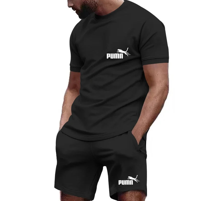2026 new summer men's T-shirt+shorts set printed fashionable casual round neck pullover breathable running sports shorts