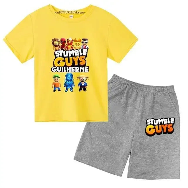 Summer 2pcs Guys Short Sleeve T-shirts+Pants Suits 3-13 Years Boys Girls Outfits Children  Kids Funny Game Print Stumble Clothes
