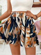 Women Floral Print Vacation Beachwear Shorts Skirts Summer High Elastic Waist Lace Up Drawstring Wide Leg Short Vestidos
