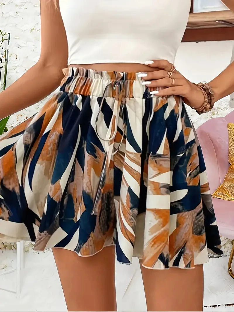 Women Floral Print Vacation Beachwear Shorts Skirts Summer High Elastic Waist Lace Up Drawstring Wide Leg Short Vestidos