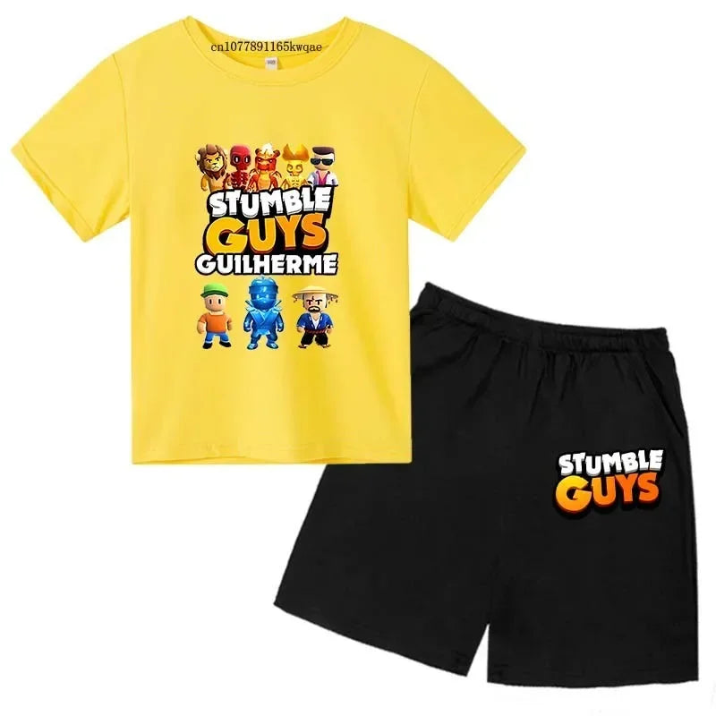 Summer 2pcs Guys Short Sleeve T-shirts+Pants Suits 3-13 Years Boys Girls Outfits Children  Kids Funny Game Print Stumble Clothes