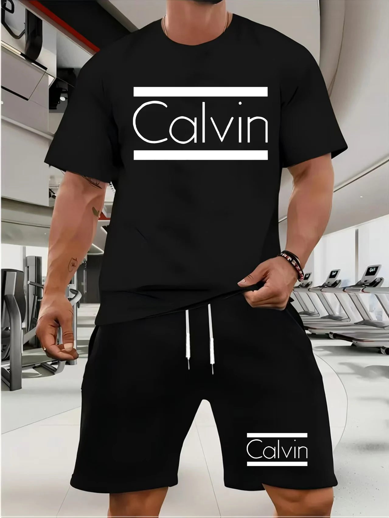 calvin  Men's new fashion summer sports printing crew-neck Mesh surface T-shirt shorts short-sleeved suit Loose two-piece set