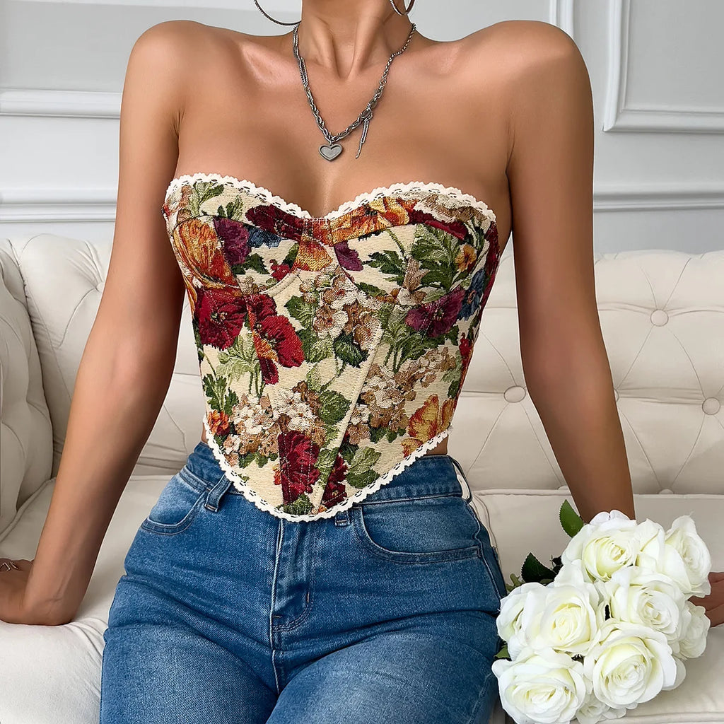 Sexy Club Wear V Neck Printed Strappy Sleeveless Vest Woman,Y2K Retro Slim Crop Top Street Style Bare Shoulder Fishbone Corset
