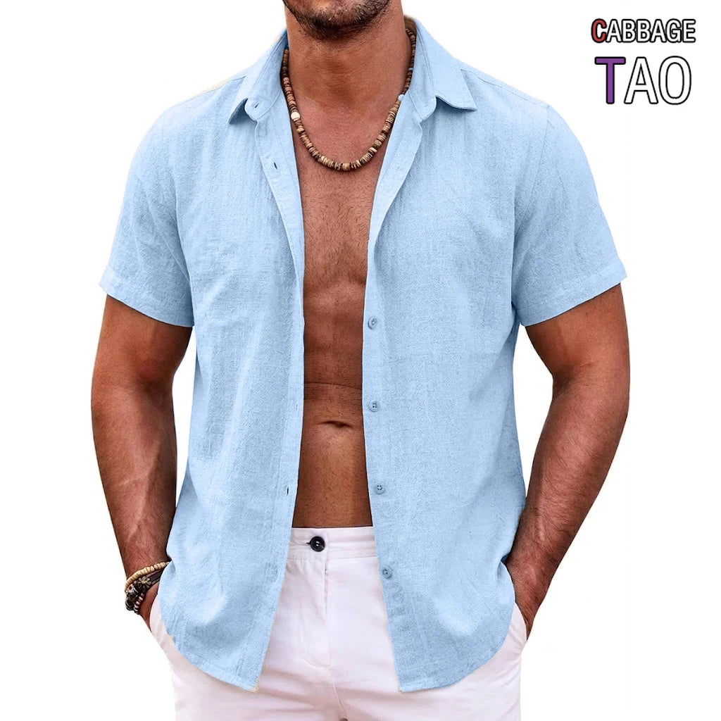 Mens Summer Hawaiian Short Sleeve Shirts Cotton Linen Lapel Tops Casual Breathable Beach and Gym Tees Plus Size for Men Tops