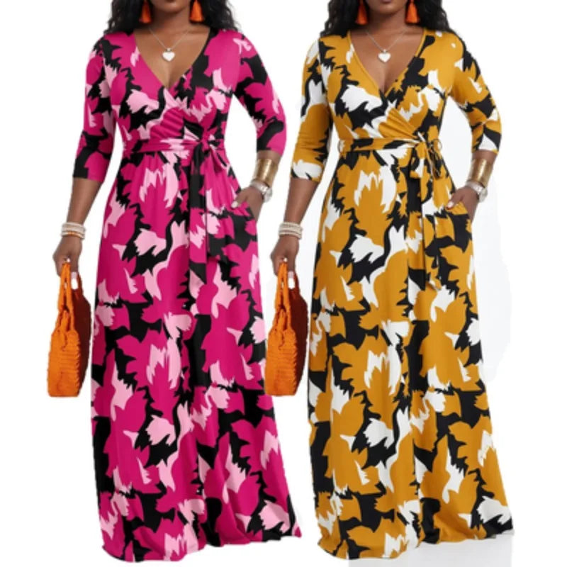 Plus Size Women's Pullover Sexy V Neck  3/4 Sleeve  Loose Long for Women Fashion Printed Summer  Casual Maxi Dresses With Pocket