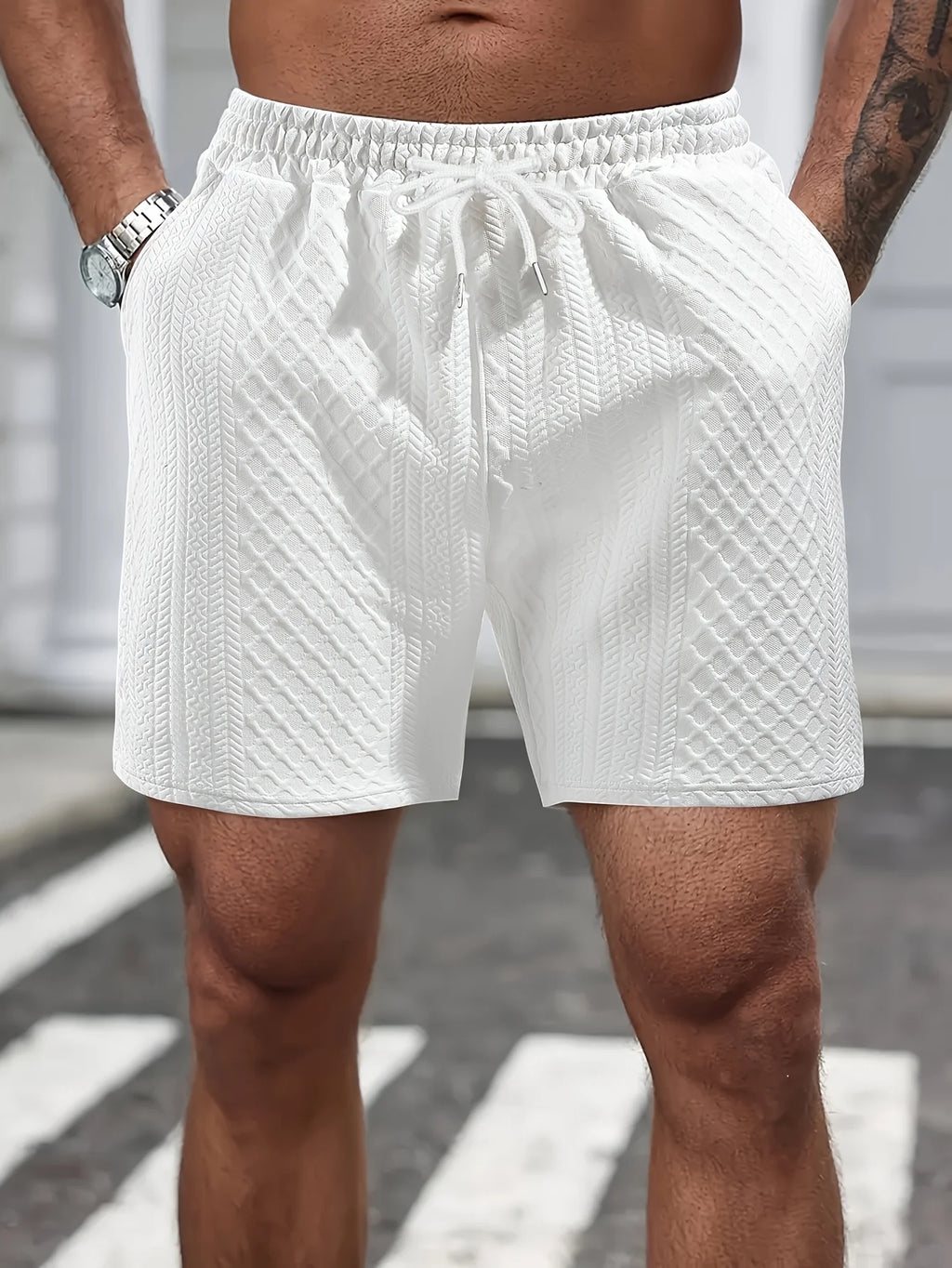 Men's White Textured Waist Drawstring Shorts Summer Breathable Quick Dry Short Pants for Sports Outdoor