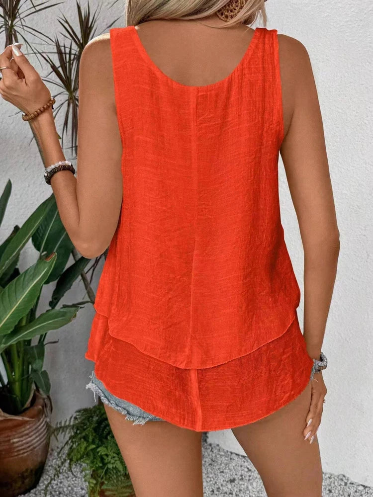 Summer Women Double Layard Hem Cake T-shirts Sexy Sleeveless Loose Solid Color Vest Tank Tops YYFFS-T5213