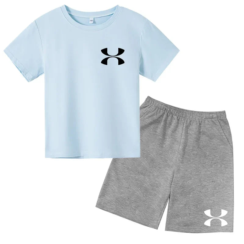 Casual t-shirt Set Kids  Fashion Two-Piece  Summer Sports Short-Sleeved Boy Girl 3-13Yrs  T-shirt +Shorts