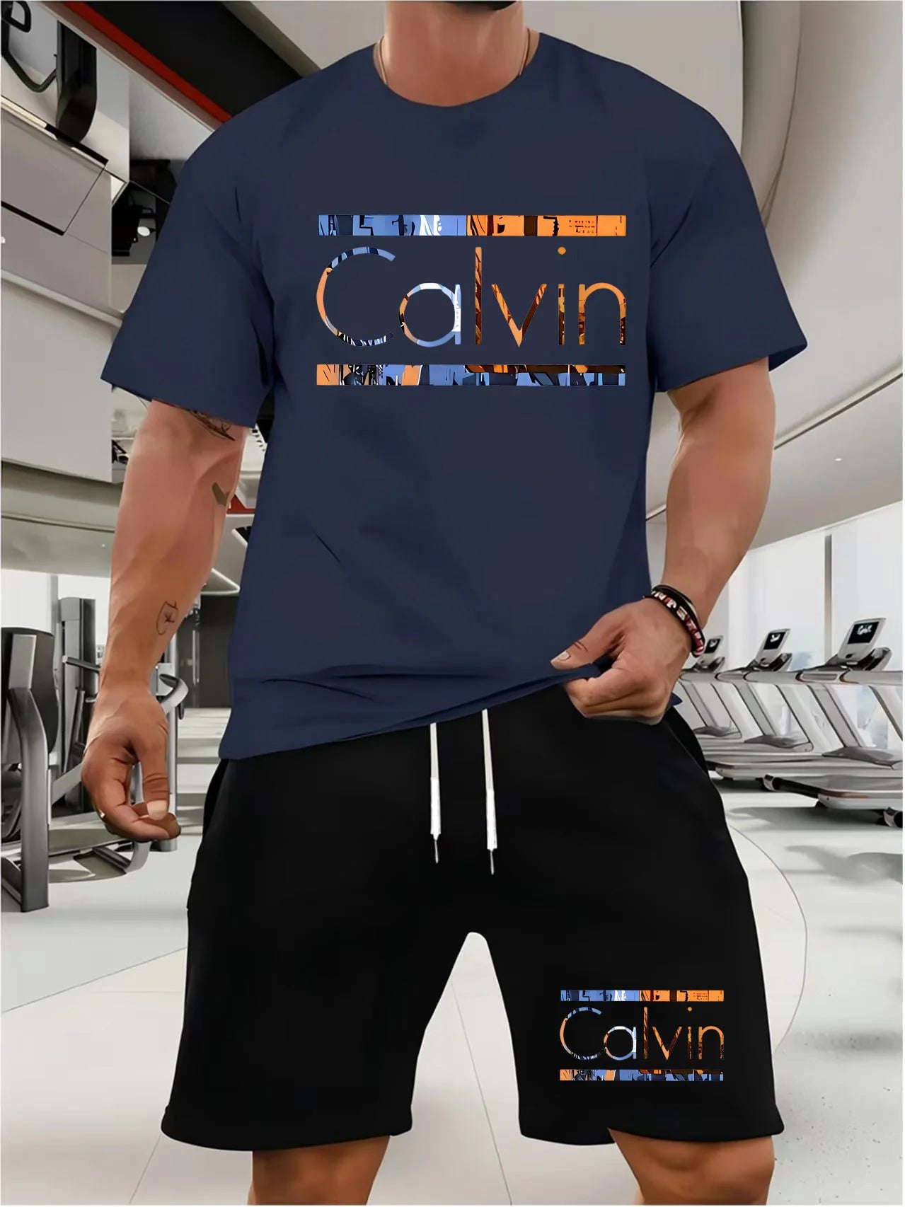 calvin  Men's new fashion summer sports printing crew-neck Mesh surface T-shirt shorts short-sleeved suit Loose two-piece set