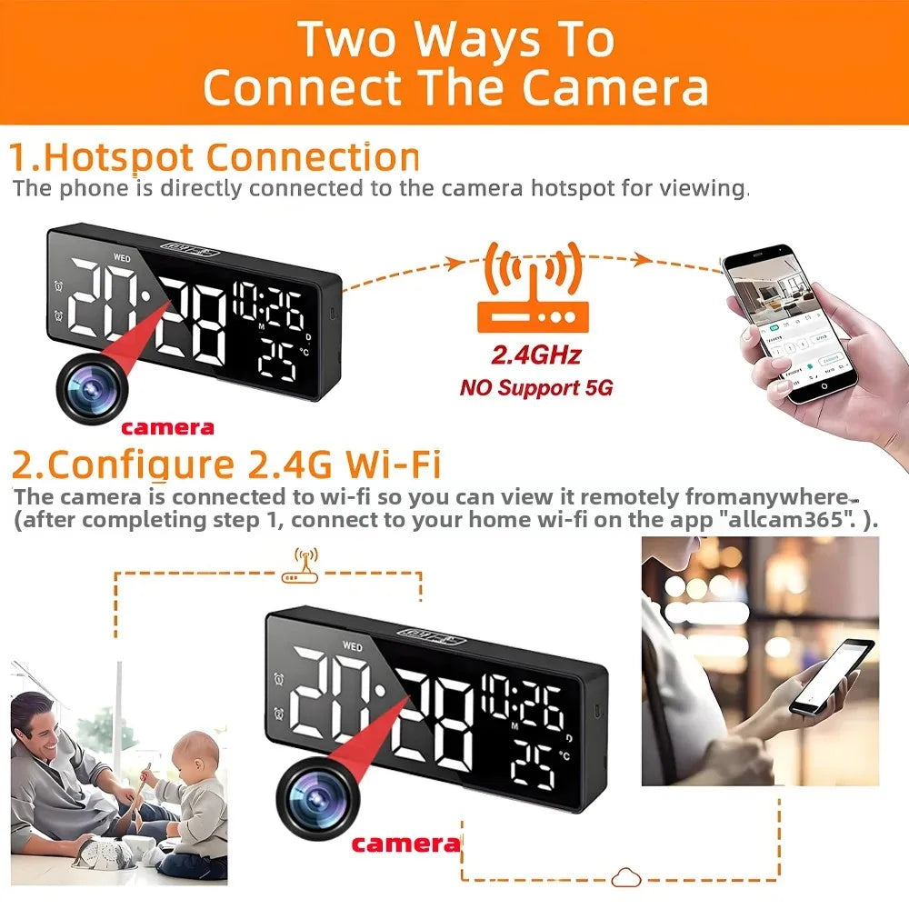 Mini 4K HD camera, supports remote viewing, motion detection, digital lights can be turned off, ringing alarm clock camera