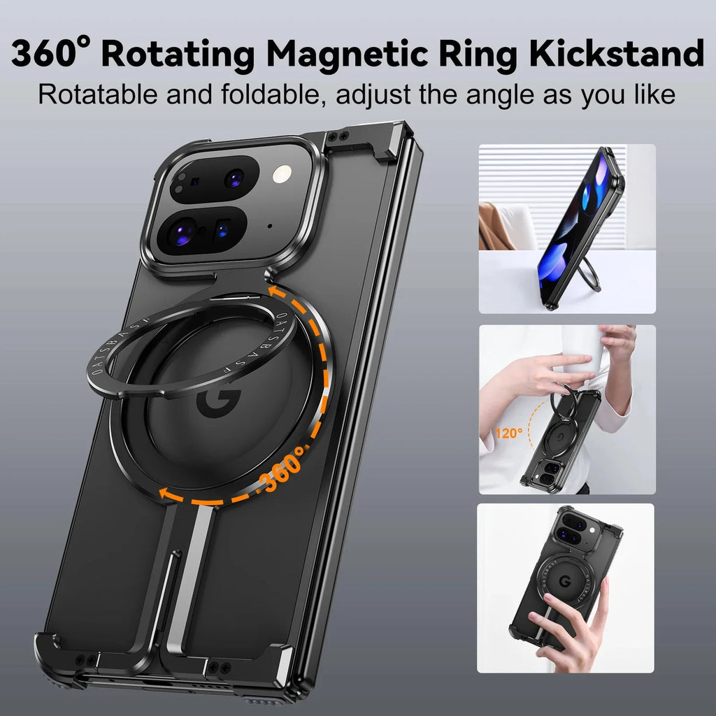 Eary for Google Pixel 9 Pixel 9 Pro XL Fold Phone Case 360° Rotatable Magnetic Kickstand Metal Frameless Bumper Slim Thin Cover