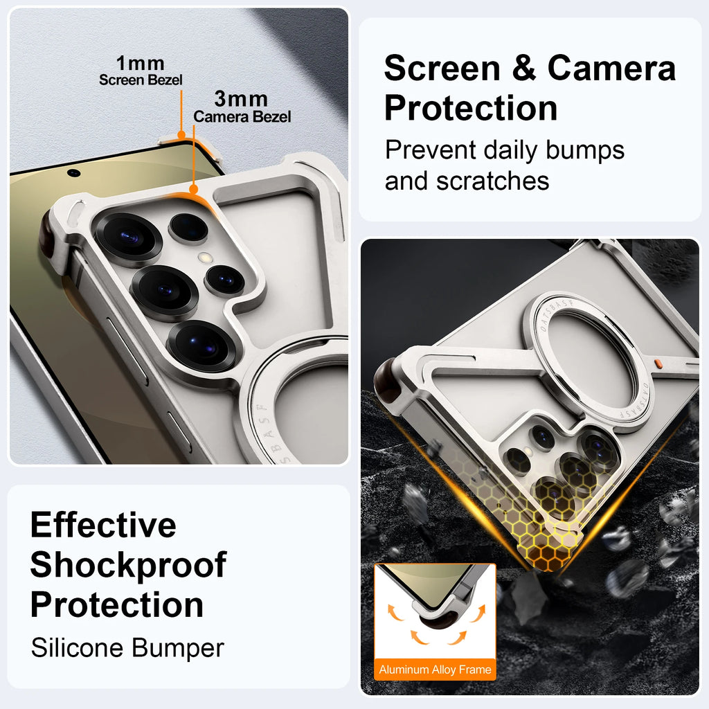 Eary Magnetic Frameless Phone Case For Samsung Galaxy S25 S24 Ultra With 360°Rotatable Stand Metal Protective Shockproof Bumper