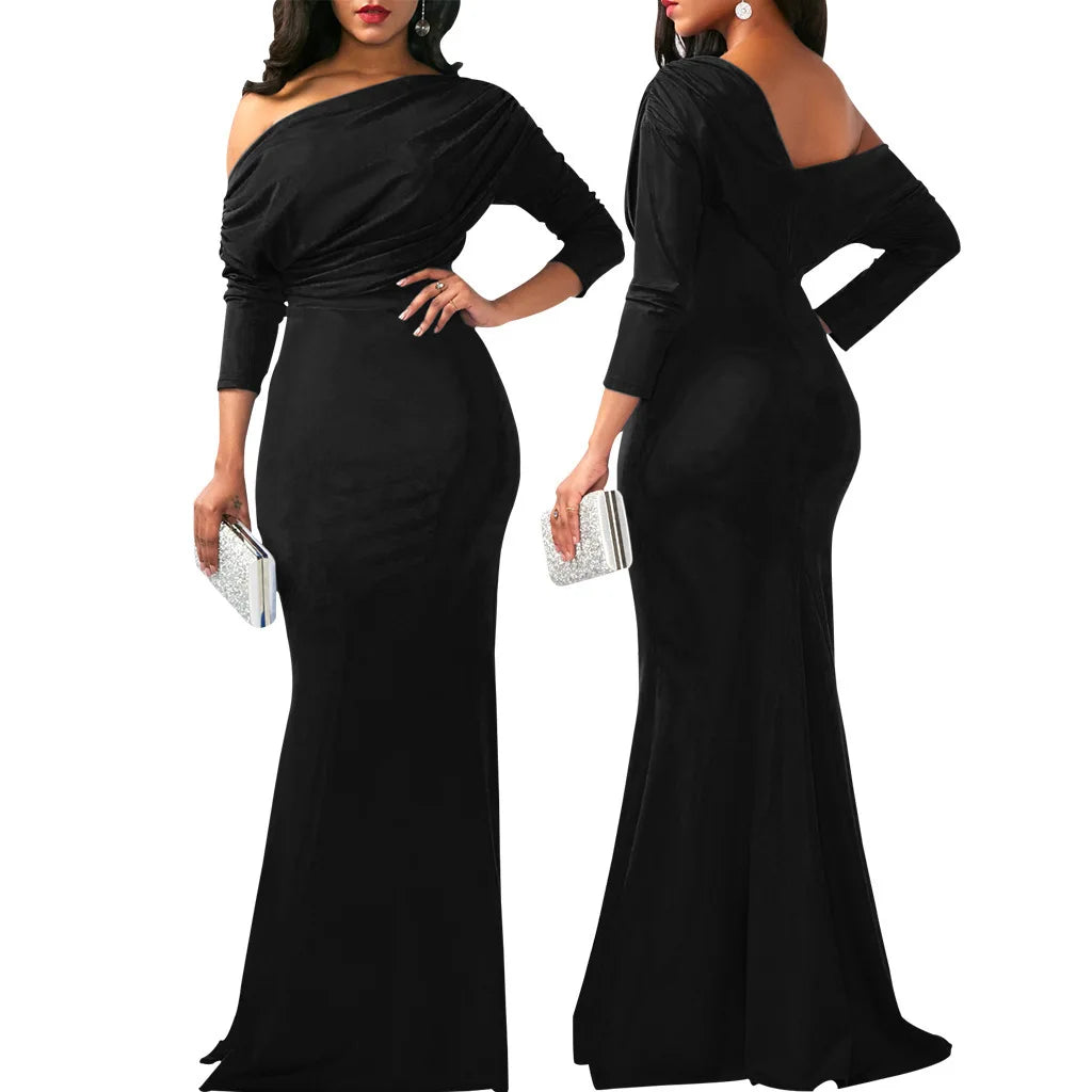 Sexy Fashionable Asymmetrical Shoulder Women's Dress with Slight Creasing on Chest Independent Station 2025 Long Evening Gown
